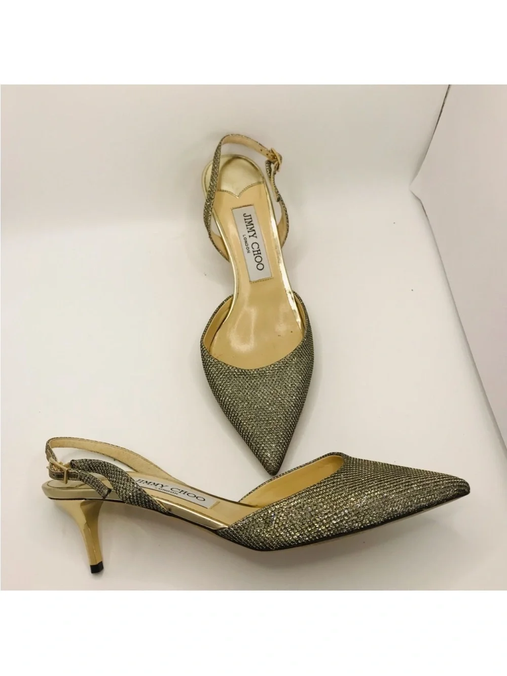 Jimmy Choo Gold Glitter Pointed Slingback Kitten Heels - Picture 3 of 9